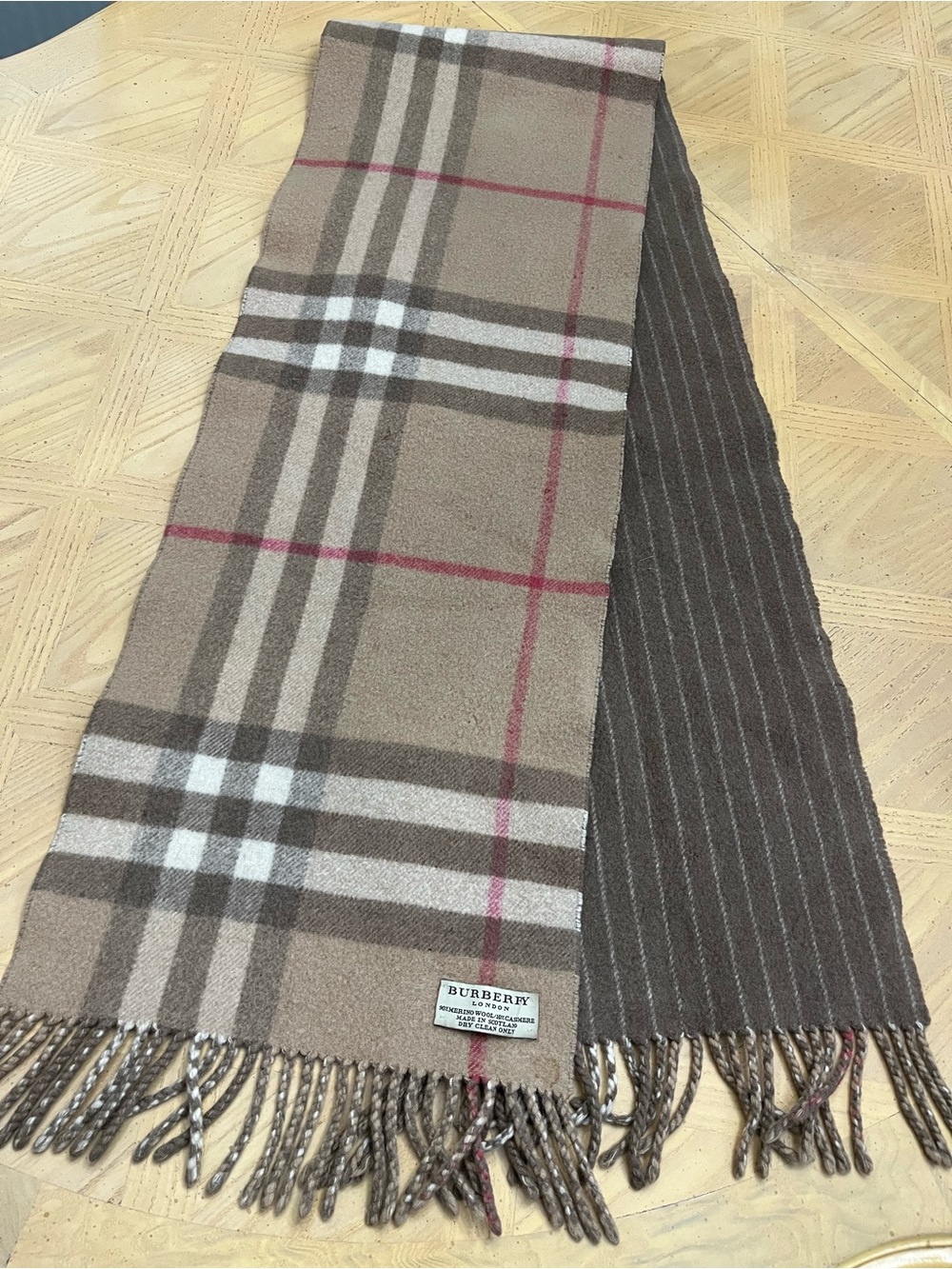 Vintage Burberry London Brown Stripe & Nova Check Reversible Wool/Cashmere Scarf